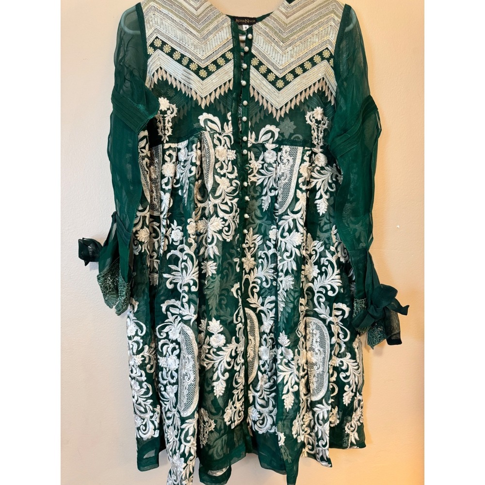 Agha Noor Emerald Green Embroidered Organza Kurta Tunic Pearl Buttons Small